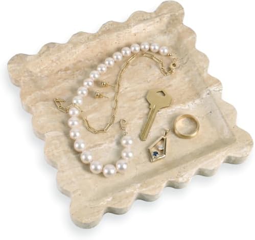 Scalloped Square Marble Decorative Tray, Natural Stone Vanity & Jewelry Tray, Trinket Organizer for Ring, Key, Dresser, Nightstand, Bathroom Counter & Kitchen Sink(Beige Travertine)