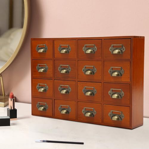 16 Drawers Apothecary Cabinet Library Card Catalog Cabinet Card Catalog Drawer with Metal Handles & Label Slot Wooden Desk Drawer Organizer for Herb Storage, Tea Collection (Brown)
