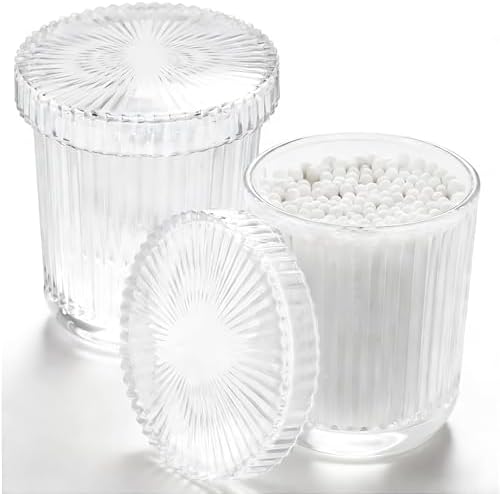 Glass Qtip Dispenser 2 Pack, Clear Bathroom Storage Organizer for Cotton Swabs, Balls, Pads & Floss Picks, Vanity Makeup Essential Accessories (Clear)