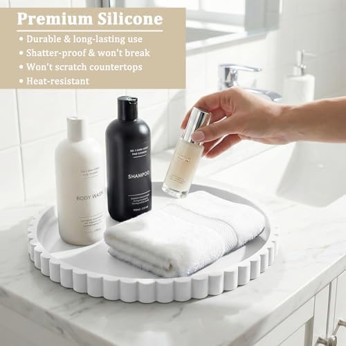 Silicone Bathroom Vanity Tray, Modern Round Decorative Tray for Countertop, Waterproof & Unbreakable Cosmetic Perfume Organizer, Extra-Thick & Sturdy, Easy to Clean Candle Tray (9 inch, White)