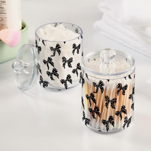 ALAZA 2pcs Black White Bow Polka Dots Qtip Holder Dispenser 14 oz Bathroom Storage Clear Apothecary Jars Containers Cotton Ball,Cotton Rounds,Floss Picks, Hair Clips, Food