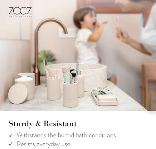 ZCCZ Beige Bathroom Accessories Set 6 Pieces - Toothbrush Holder, Lotion Dispenser, Qtip Container, Vanity Tray, Tumbler - Countertop Organizer for Bathrooms - Elegant and Functional Décor Set