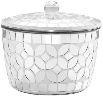 Bathroom Qtip Holder Silver, Countertop Storage Organizer Canister Jar Qtip Dispenser Holder Mosaic Glass with Lid - for Cotton Swabs,Bath Salts, Hair Band, Cotton Balls (Silver Mirror)