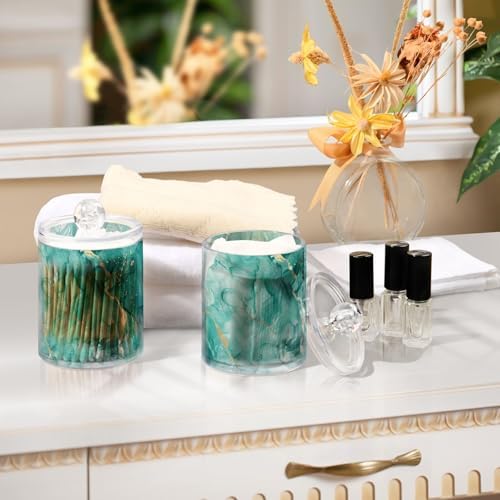 Fustylead 2 Pack Teal Marble Watercolor Background Plastic Apothecary Jar Set for Cotton Swab, Ball, Pad, Floss, Qtip Holder Dispensers for Bathroom Storage Organizer