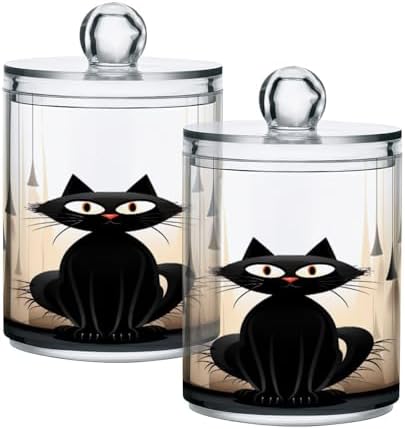 Qtip Holder Dispenser Apothecary Jars with Lids Cute Black Cat Clear Bathroom Container Cotton Swab Ball Holder 2 Pack