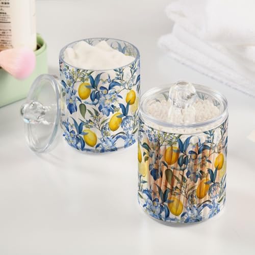 4 Pack Qtip Dispenser 10 Oz Apothecary Jars with Lids Sicilian Style Lemons and Blue Flowers Bathroom Storage Organizer for Cotton Ball, Swab, Floss, Makeup Sponges, Hair Clip