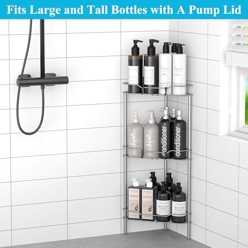 HuggieGems Metal Floor Standing Corner Shower Caddy, Gray, 3 Tier