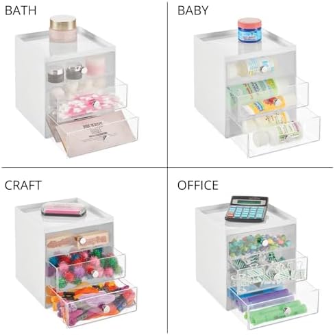 mDesign Makeup Organizer Storage Station Cube with 3 Drawers for Bathroom Vanity, Cabinet, Countertops - Holds Lip Gloss, Eyeshadow Palettes, Brushes, Blush, Mascara - White/Clear