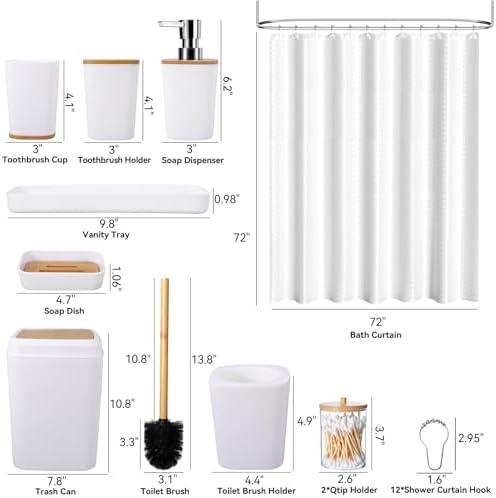 White Bathroom Sets Accessories with Waffle Shower Curtain,Bathroom Sets with Trash Can,Toothbrush Holder,Toothbrush Cup,Soap Dispense,Tray,Soap Dish,Toilet Brush,Qtip Holder