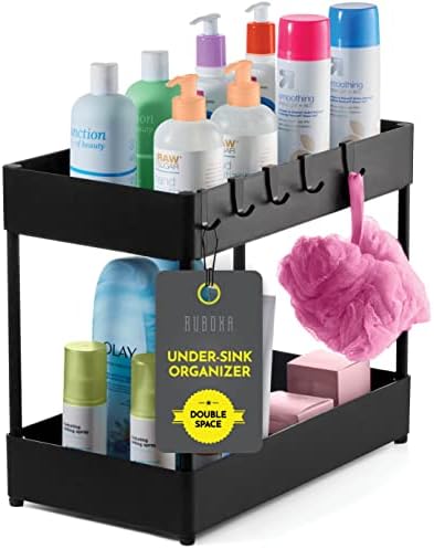 Space-Saving 2-Tier Under Sink Organizer and Storage with 6 Strong Hooks, Easy-Assemble, Under Cabinet Organizer, Durable, Big Capacity, Modern Storage Baskets for Bathroom, Kitchen, Etc. (Black)