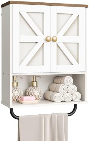 CHOEZON Bathroom Wall Cabinet, Medicine Cabinet with Open Partition and Towel Bar, Rustic Storage Cabinet with Open and Hidden Storage Space, for Bathroom, Living Room, Kitchen, White and Walnut