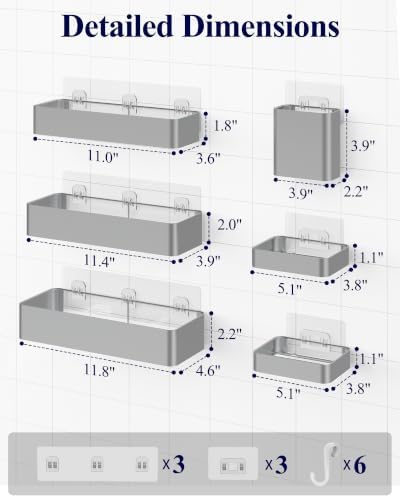 Kitsure Large Shower Caddy - Adhesive 6-Pack Bathroom Shelves, Silver