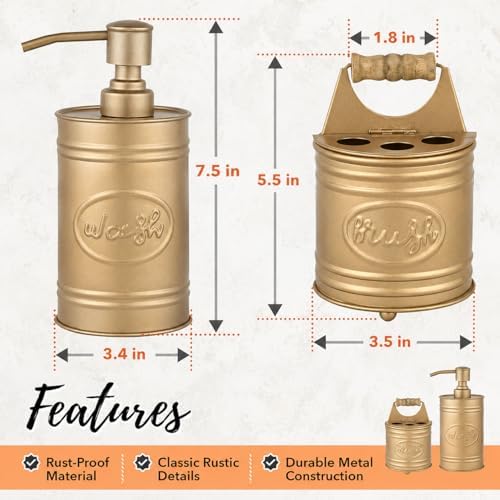 Autumn Alley Kids Bathroom Accessories Set – 2-Piece Antique Gold Soap Dispenser & Toothbrush Holder, Farmhouse Bathroom Countertop Organizer for Kids, Durable Metal Bathroom Set with Wood Handle