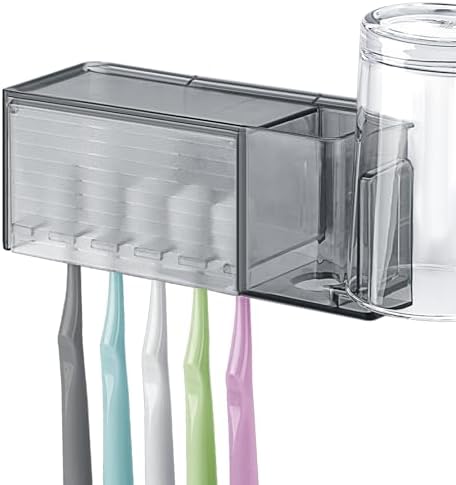 5 Slots Wall Mount Toothbrush Holder with Cover, Self Adhesive Toothbrush Storage Organizer for Shower, Toothpaste & Toothbrush Hanger for Bathroom, Medicine Cabinet, Dorm (Gray)