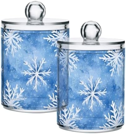 ALAZA 2 Pack Qtip Holder Snowflake Blue Background, Cotton Swab Dispenser with Lid Bathroom Containers Canister Organizer Storage Jar