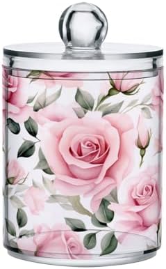 MNSRUU 4 Pack Qtip Holder Organizer Dispenser Pink Roses Pink Bathroom Storage Canister Cotton Ball Holder Bathroom Containers for Cotton Swabs/Pads/Floss