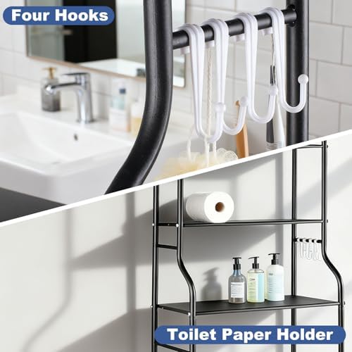 3-Tier Over The Toilet Storage Shelf, Freestanding Metal Bathroom Organizer with Hooks, Space Saving Bathroom Storage Rack with Adjustable Feet, Anti-Tip Design for Small Bathrooms, Black