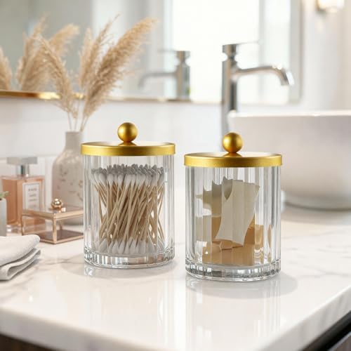 Amolliar Qtip Holder for Bathroom, Clear Glass Apothecary Jar(Gold 2 Pack)