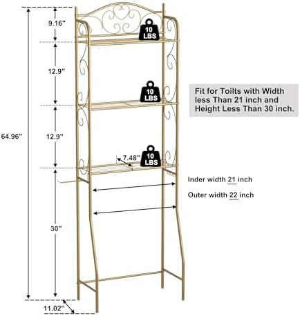HOME BI Over The Toilet Storage Shelf, 3-Tier Over Toilet Bathroom Organizer Rack, Freestanding Space Saver Toilet Stands with Hooks (Gold)