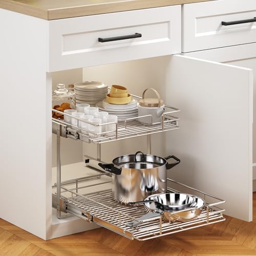 2 Tier Individual Pull Out Cabinet Organizer 19½" W x 21½" D, Heavy Duty Cabinet Pull Out Shelves, Slide Out Drawers Organization for Kitchen Cabinets Bathroom