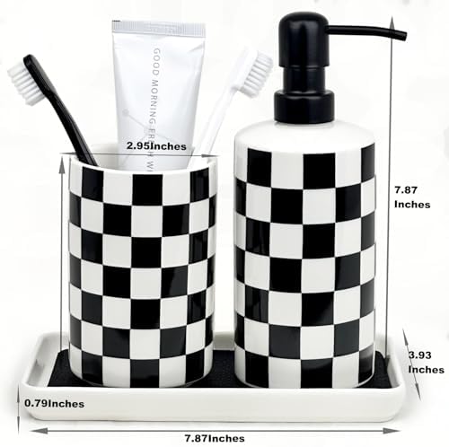 Bathroom Toothbrush Holder Set, Ceramic Soap Dispenser and Tooth Brush Holder Set, Bathroom Accessories Sets Countertop, Black and White Checkered Bathroom Decor Set