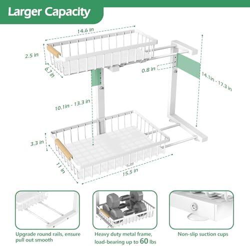 ADRIMER Under Sink Organizer 2 Packs, Pull Out Kitchen Sink Organizer, 2 Tier Slide Out Kitchen Organizers and Storage Bathroom Under Cabinet Storage Shelf, White