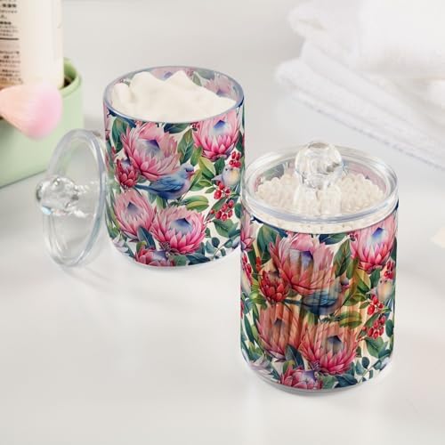 Pink and Blue Tropical Flowers Clear Plastic Jars 2 Pack Apothecary Jars Clear Bathroom Storage Containers for Cotton Ball, Swab, Floss, Makeup Sponges, Hair Clip 10 Oz