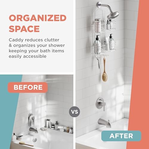 Zenna Home Shower Caddy Hanging Bathroom Organizer, Steel Shower Shelves with 4 Sliding Baskets and Built in Hooks, Accomodates Hose for Handheld Shower Head Storage System, Chrome