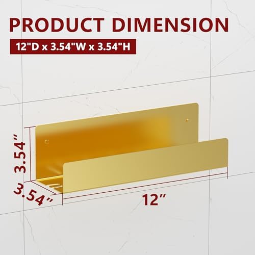 Qeke Shower Caddy, 12" Bathroom Shelf Organizer with 2 Hooks, SUS304 Stainless Steel Floating Shelves with Large Capacity, Rustproof Rack for Inside Shower, Brushed Golden