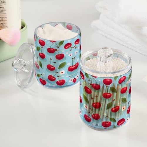 MNSRUU 4 Pack Qtip Holder Organizer Dispenser Cherries and Flowers Pink Bathroom Storage Canister Cotton Ball Holder Bathroom Containers for Cotton Swabs/Pads/Floss