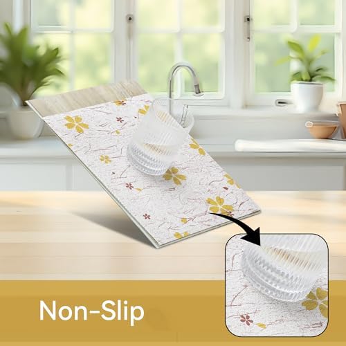 FIFTY FEET 12"x120" Non-Adhesive Shelf Liner for Kitchen Cabinets and Drawers, Washable Non-Slip PVC Cabinet Liner (Yellow Floral)(1 Roll)