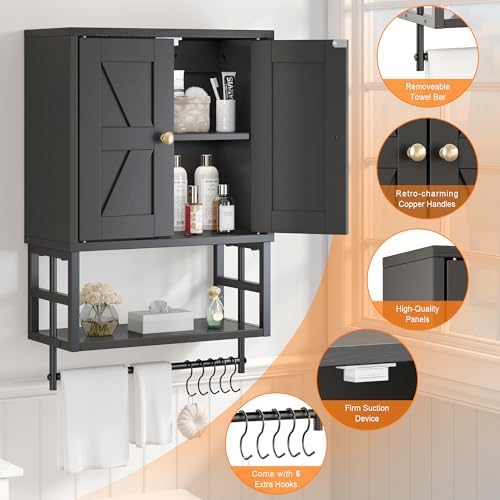 Bathroom Wall Cabinet, Farmhouse Medicine Storage with Towel Bar, Black
