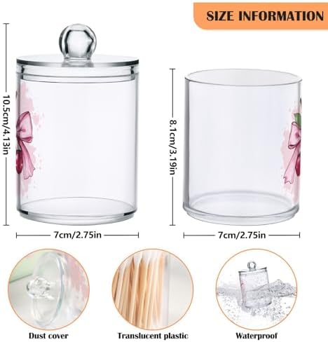 Fustylead 4 Pack Cute Cherry Fruit with Pink Bow Plastic Apothecary Jars with Lid, Bathroom Vanity Storage Organizer Canister for Qtip, Cotton Ball, Swab, Round Pads, Floss