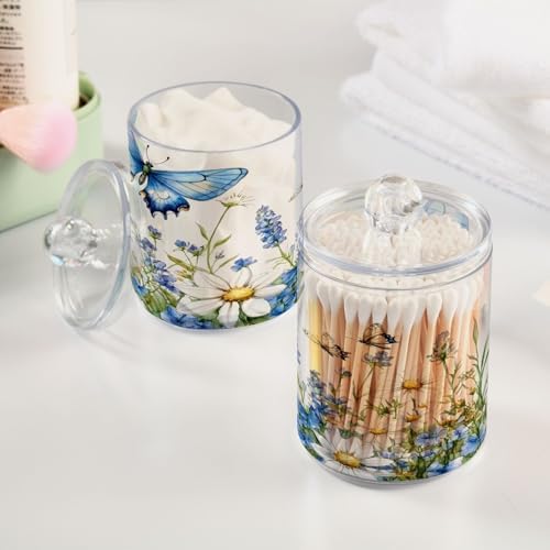 MNSRUU 2 Pack Qtip Holder Organizer Dispenser Spring Wildflowers and Leaf Bathroom Storage Canister Cotton Ball Holder Bathroom Containers for Cotton Swabs/Pads/Floss