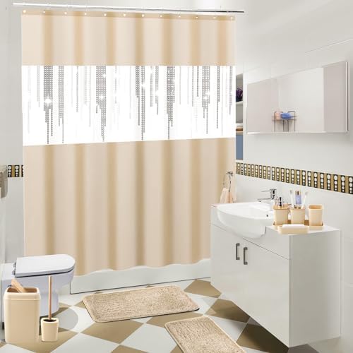 Beige Bathroom Accessories Set with Glitter Shower Curtain and Rugs,Bathroom Sets with Extra Soft and Absorbent Bath Rugs Sequin Shower Curtain Green Bathroom Sets for Bath Decor