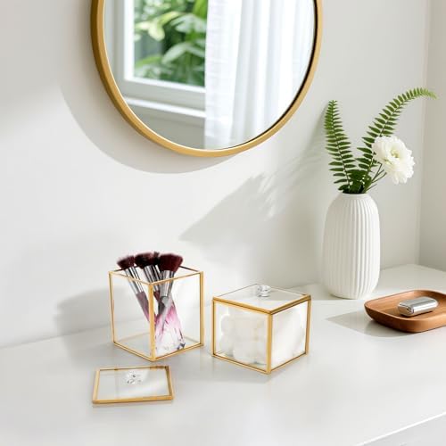 ZOOFOX 2 Pack Square Glass Apothecary Jar with Lid, Bathroom Vanity Canister for Countertop Storage and Organization, Modern Decor Dispenser for Cotton Ball, Swab, Makeup Sponge, Bath Salt, Floss