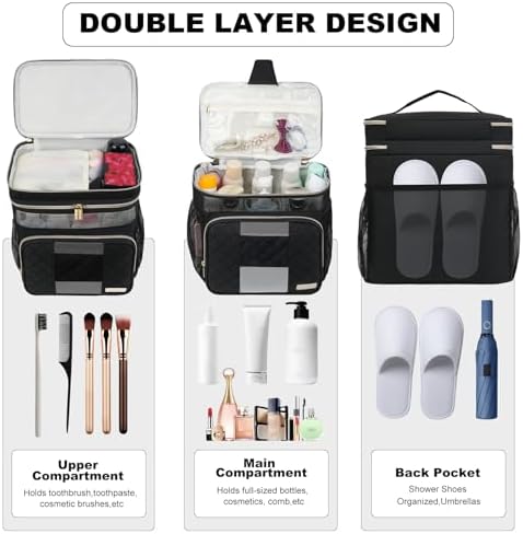 Large Toiletry Bag for Women Men, Portable Shower Caddy College Dorm Essentials, 2 Layers Quickly Dry Mesh Bathroom Tote Bag, Hanging Makeup Organizer Bag for Travel, Gym, Camping (Black)