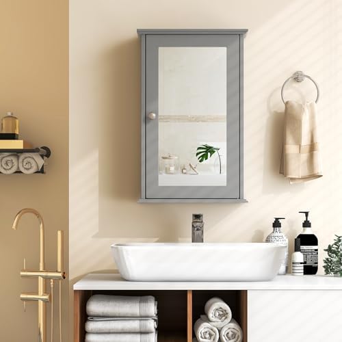 Tangkula Bathroom Medicine Cabinet with Mirror, Wall Mounted Single Mirror Door Storage Cabinet w/Adjustable Shelf, Wall Cabinet w/Reversible Door for Bathroom Living Room Hallway (Grey)