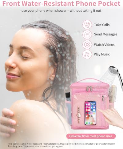 CUBETASTIC Mesh Shower Caddy Bag Portable - Large Capacity Shower Bag with Waterproof Phone Pocket & Sturdy Hook, Dorm Shower Caddy for Travel, Gym, College Essentials for Women & Men (Pink, M)