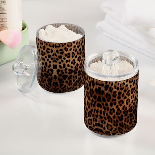 Leopard Print Apothecary Jar with Lid, 10oz Clear Plastic Storage Jar for Bathroom, Qtip Holder Organizer for Cotton Balls, Swabs, Pads, 2 Pack