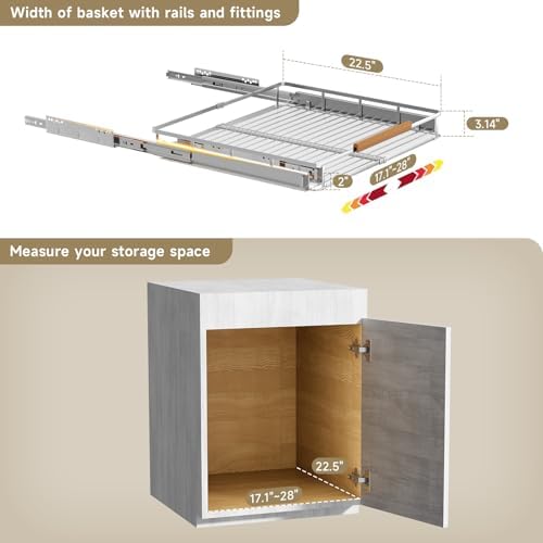 17.1~28"x22.5" Pull Out Cabinet Organizer，2Pack Expandable Sliding Cabinet Shelves，Side Mounting