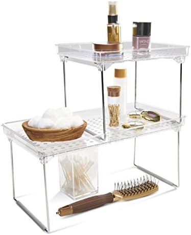 madesmart Medium Stacking Shelf, Organizer for Spices, Make-Up, Bottles & Jars, Collapsible Legs for Cabinet or Counter Storage, Clear