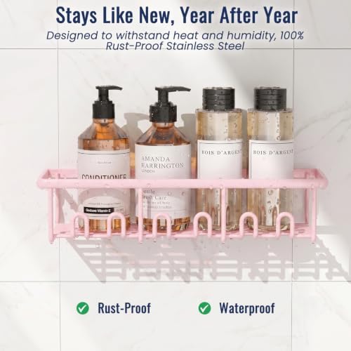 8 Pack Adhesive Rustproof Shower Caddy with Soap Dishes, Toothbrush Holder & Hooks, Large Capacity No-Drilling Shower Shelves Rack for Bathroom Organizers and Storage Accessories, Pink