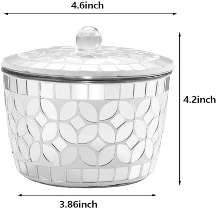 Bathroom Qtip Holder Silver, Countertop Storage Organizer Canister Jar Qtip Dispenser Holder Mosaic Glass with Lid - for Cotton Swabs,Bath Salts, Hair Band, Cotton Balls (Silver Mirror)