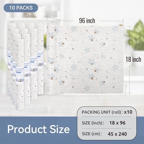 FIFTY FEET 18"x96" Non-Adhesive Shelf Liner for Kitchen Cabinets and Drawers, Washable Non-Slip PVC Cabinet Liner (White Floral)(10 Roll)