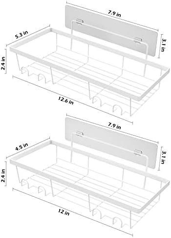 Durmmur 2 Pack Adhesive White Shower Caddy Organizer with Hooks, Rustproof No Drilling Wall Mounted Storage Shelf Rack for Inside Shower/Bathroom/Kitchen