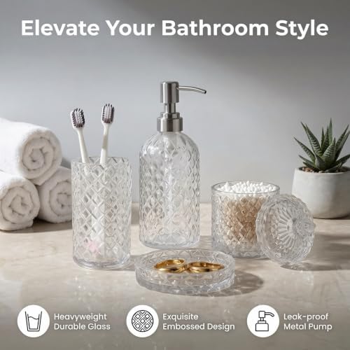 LaMarriti Clear Bathroom Accessories Set, 4Pcs Clear Glass Bathroom Set