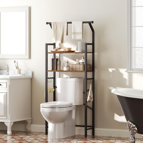 YATINEY 2-Tier Over The Toilet Storage, Multifunctional Vertical Over Toilet Bathroom Organizer, Freestanding Bathroom Storage Shelves with Hooks, Bathroom Organizer, Rustic Brown and Black TR01BR