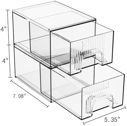 ZHIAI 2 Pack Clear Stackable Cosmetic Organizer, Acrylic Drawer, Plastic Organizer for Dresser, Vanity, Kitchen Cabinet, Pantry, Home Organization and Storage