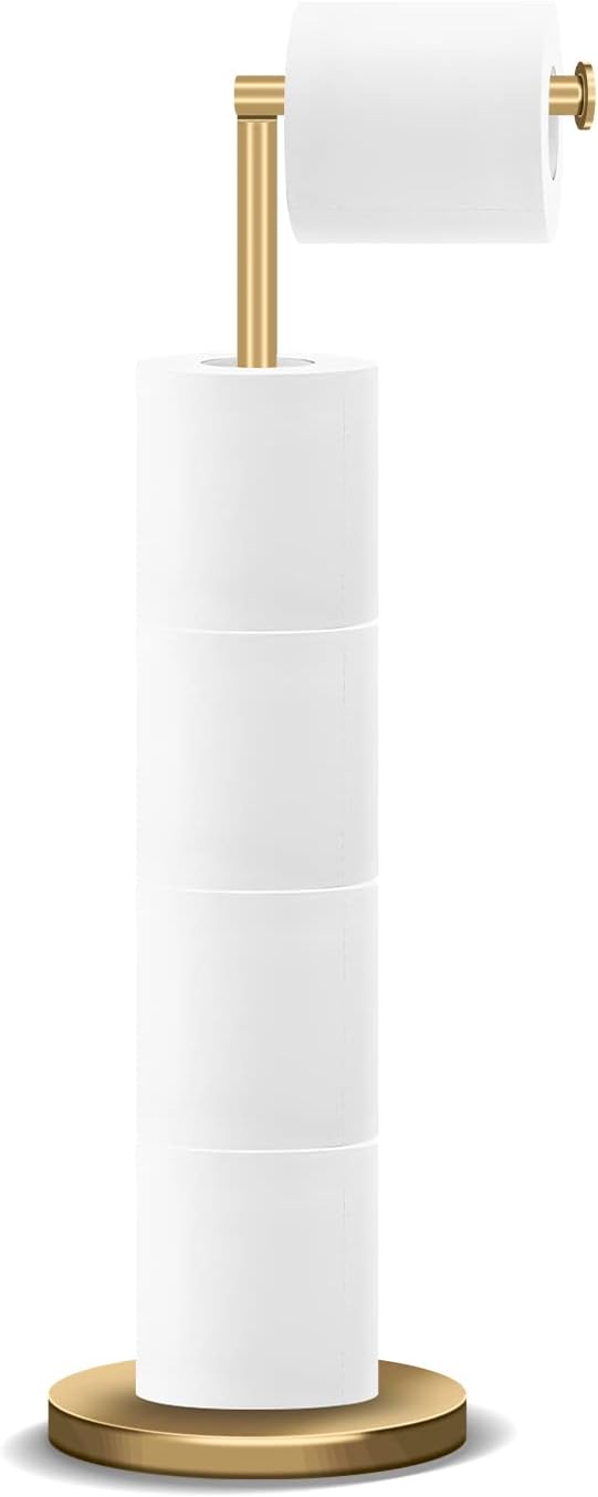 RRM Toilet Paper Holder Stand, Bathroom Free Standing Rolls Storage, Golden | 22"H Toilet Paper Holders Stand, Storage 3-4 Rolls, Easy Installation, Sturdy Base, Stainless Steel, Modern Design